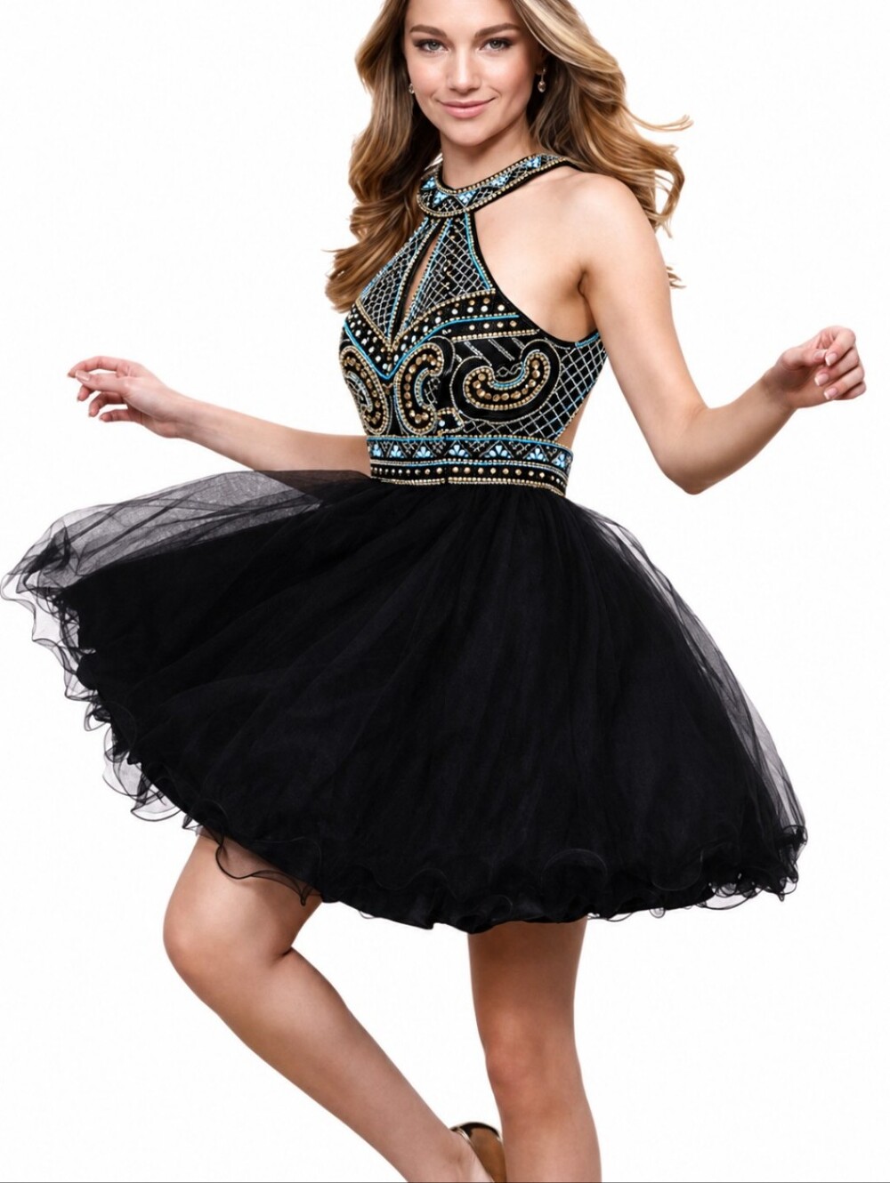 New Narianna Black Beaded Tulle Embellished Halter Party Mini Dress NWT Sz XS